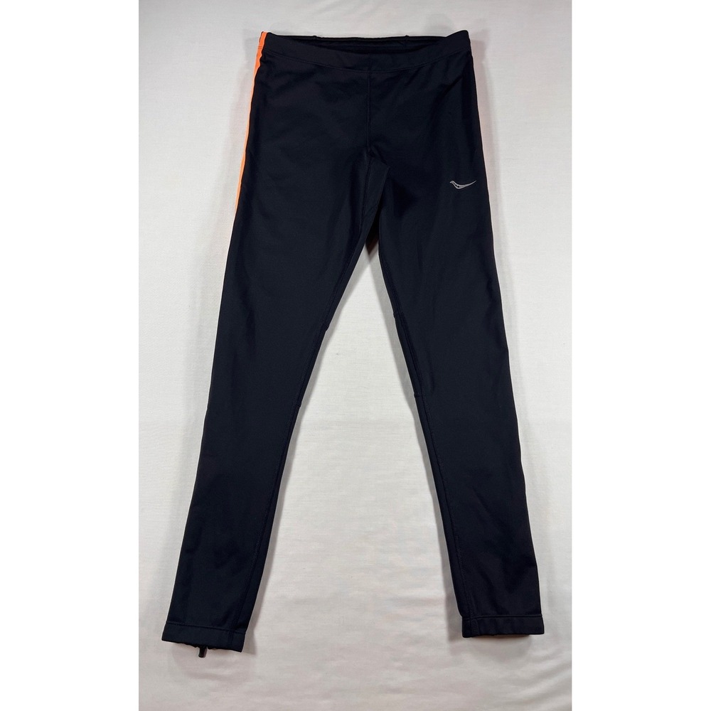 Saucony Mens RunWarm Running Tights Black Orange Reflective Ankle Zip Medium